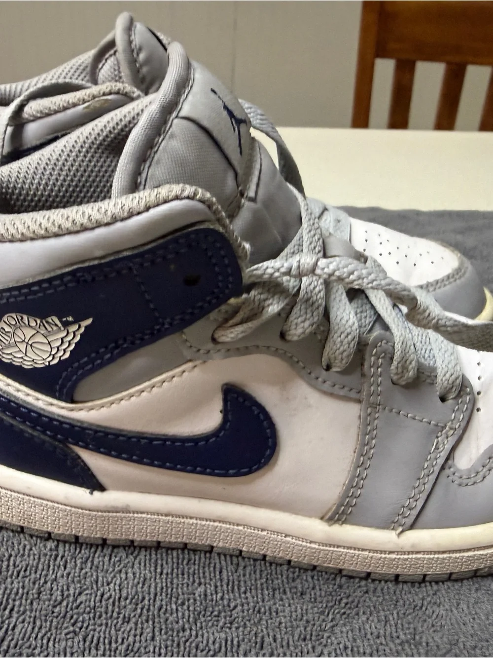 Kids Grey and Navy High-Top Jordan’s